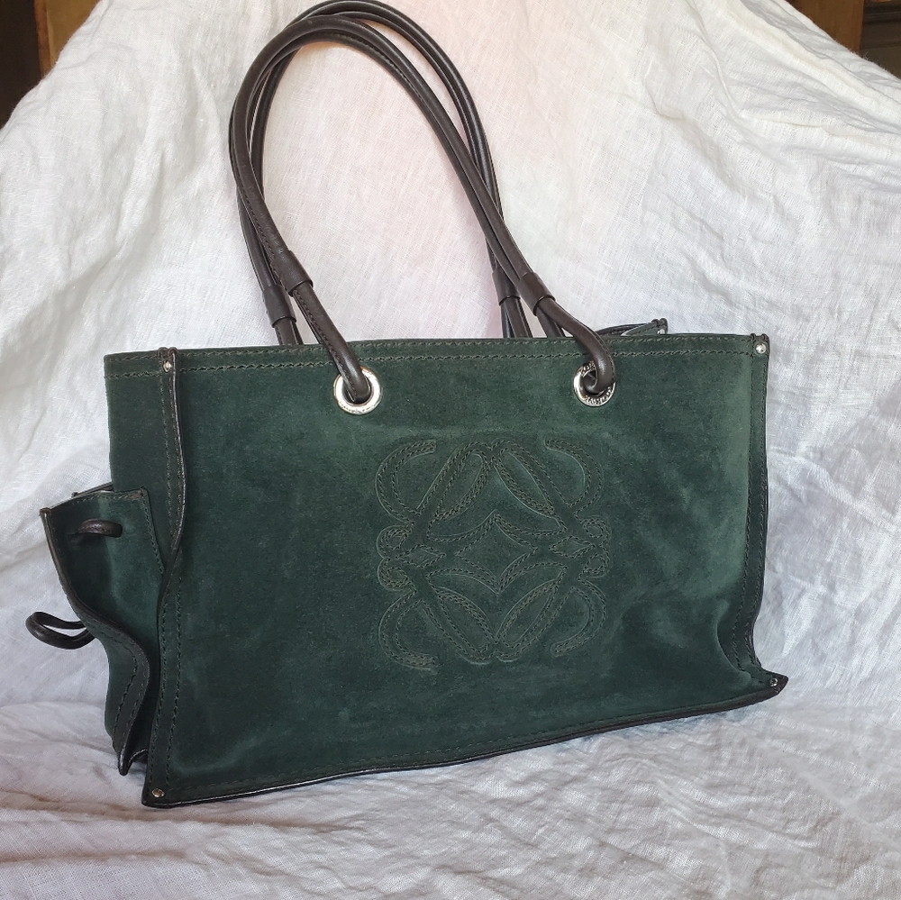 LOEWE Logos Shoulder Tote Bag Suede Leather, green